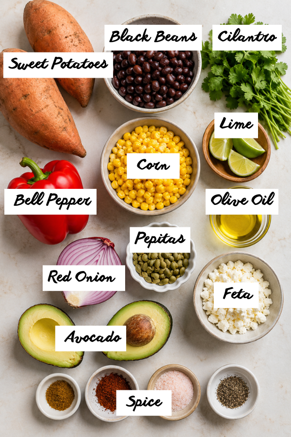 Ingredients for roasted sweet potato black bean salad meal prep with black beans, sweet potatoes, corn, vegetables