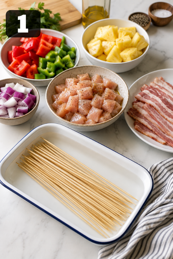 Wooden skewers soaking in water before grilling