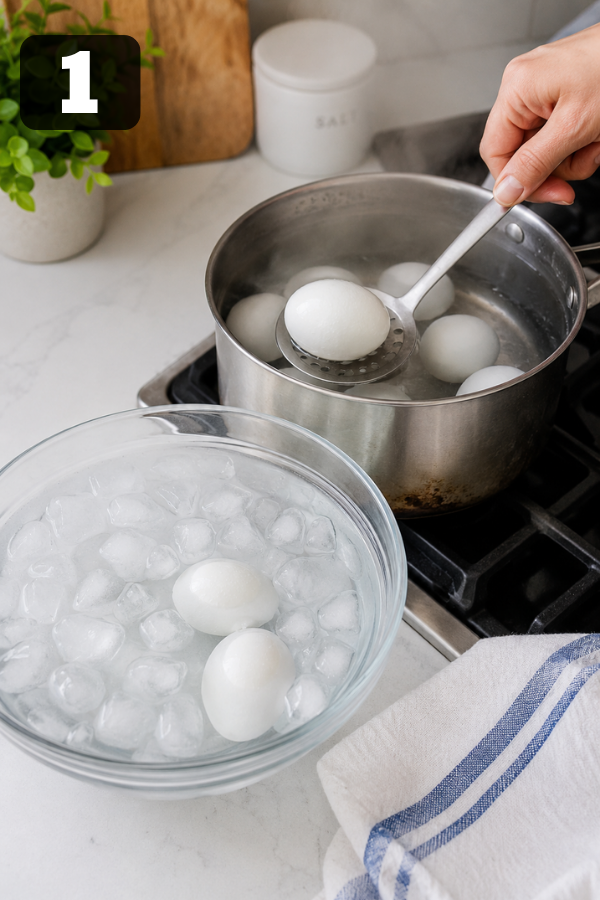 Eggs boiling in a saucepan before being cooled for keto avocado egg salad