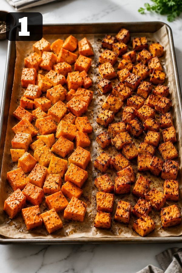 Roasted sweet potato black bean salad sweet potatoes baking in oven for healthy salad