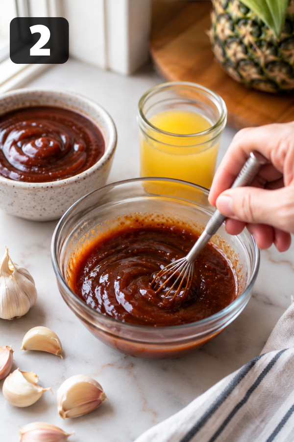 Barbecue glaze mixed with pineapple juice, soy sauce, garlic, brown sugar, and vinegar