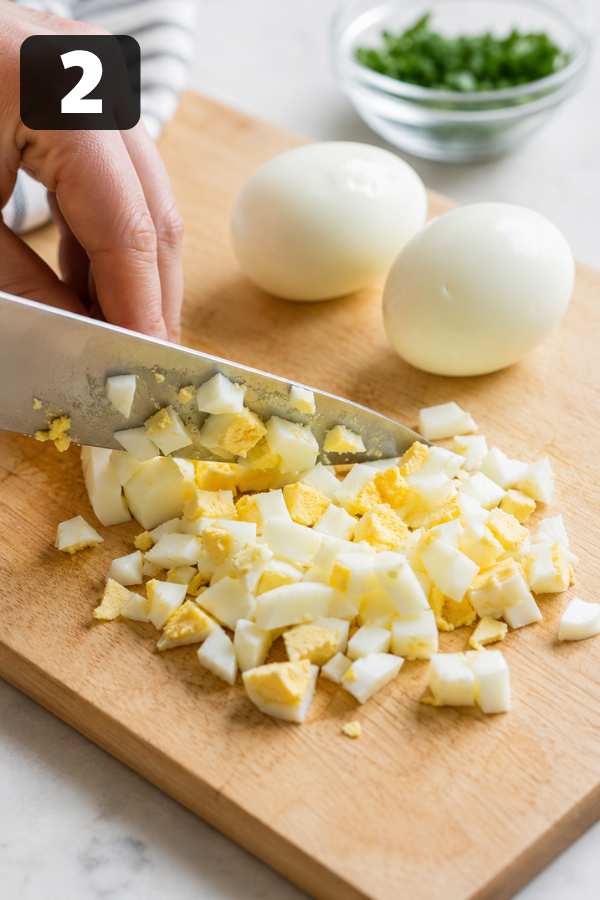 Hard-boiled eggs peeled and chopped into small chunks for avocado egg salad