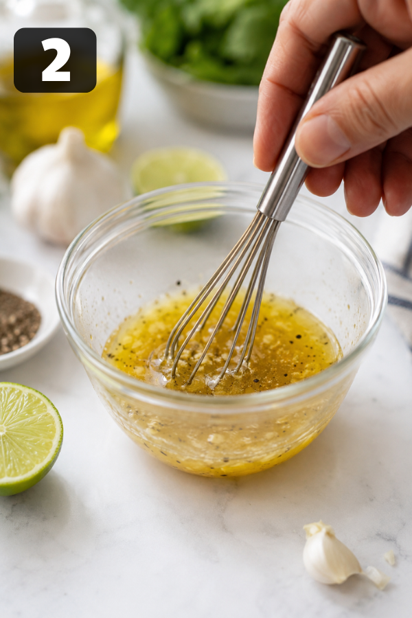 Lime dressing for roasted sweet potato black bean salad being whisked with olive oil and spices