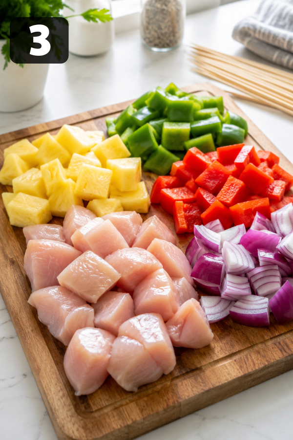 Chicken, pineapple, bell peppers, and red onion cut into even pieces on a cutting board