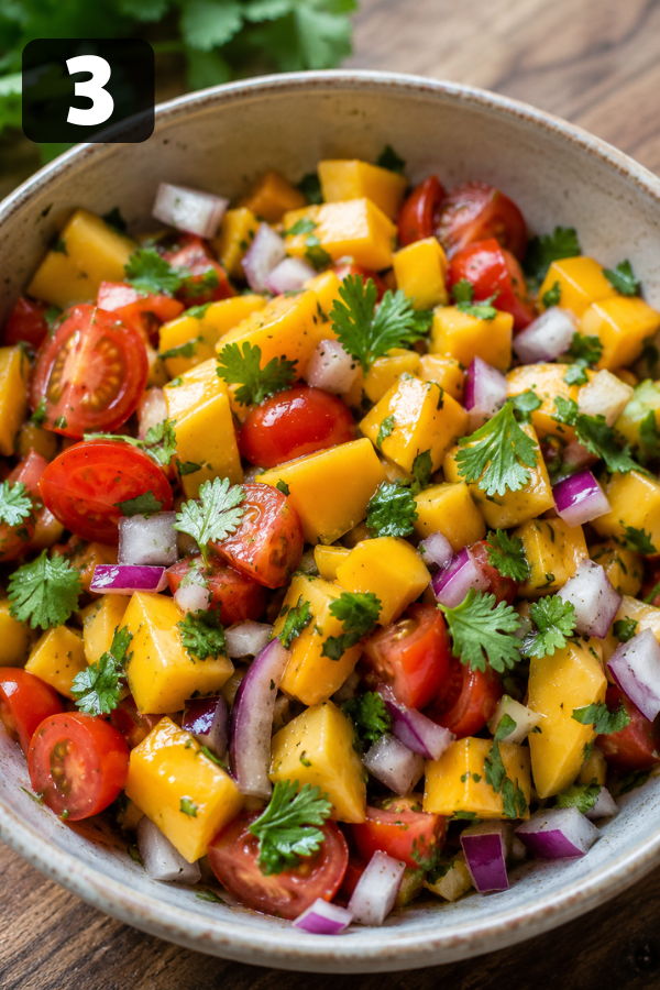 Diced mango, cherry tomatoes, red onion, cilantro, and chili added to a large salad bowl.