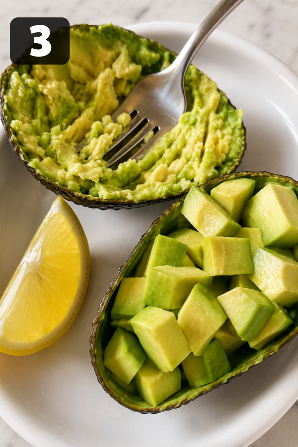 Ripe avocado mashed and diced with lemon juice for a creamy low-carb egg salad