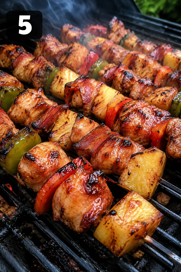 Grilled skewers cooking over medium-high heat with caramelized pineapple and browned bacon