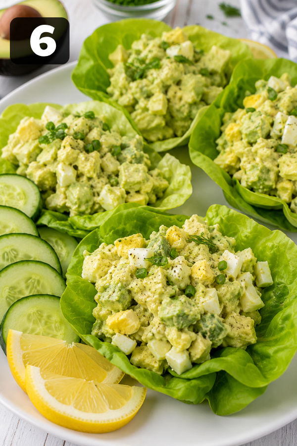 Keto avocado egg salad served fresh in lettuce cups or chilled in a bowl before eating