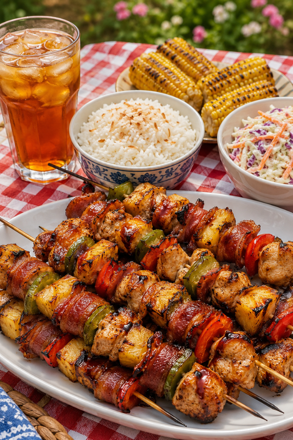 Grilled chicken skewers served with rice, corn, coleslaw, cucumber salad, and summer side dishes