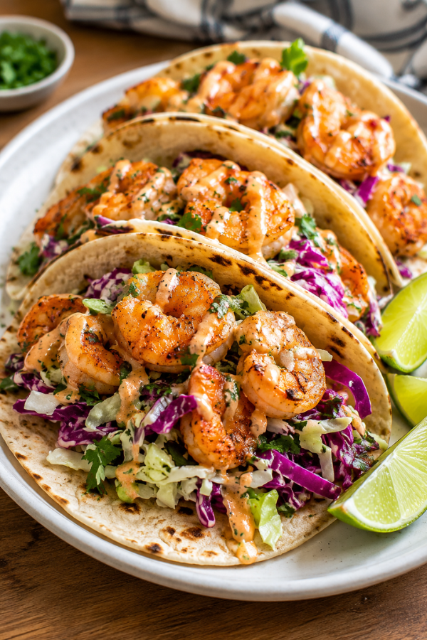 Fresh shrimp tacos for a high protein anti-inflammatory summer dinner with cabbage, avocado, lime, salsa, and cilantro