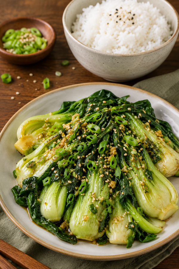 Garlic and ginger bok choy side dish with scallions and a light Asian-inspired sauce