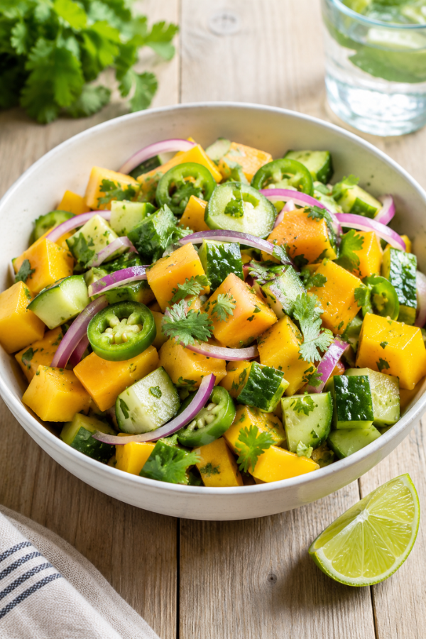 Easy mango cucumber salad with juicy mango, crisp cucumber, lime, herbs, and fresh summer flavor