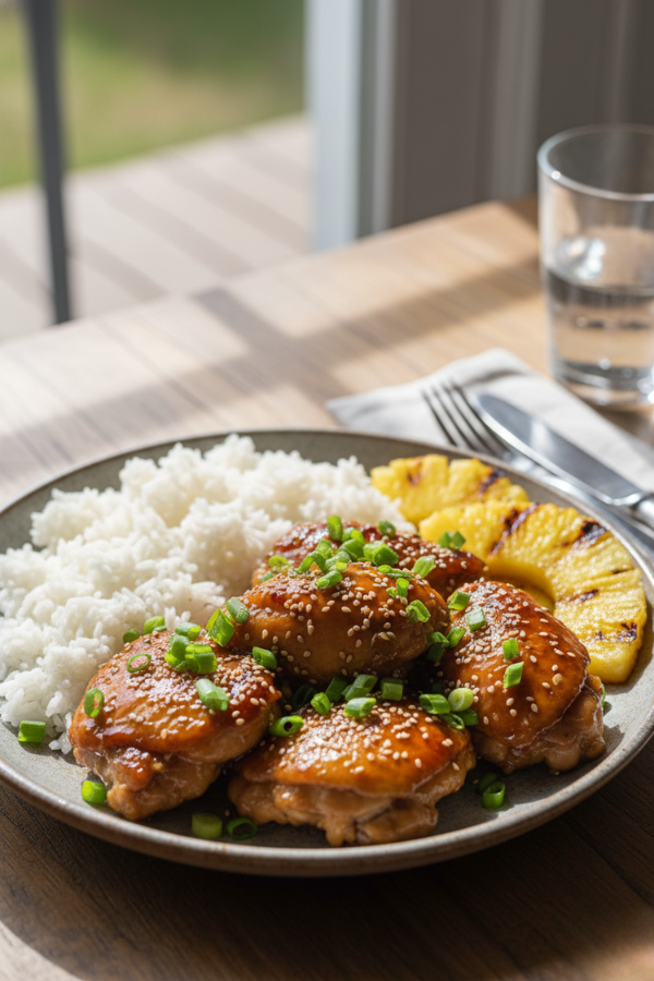 Huli Huli chicken with sweet savory glaze, grilled summer sides, rice, and fresh salad