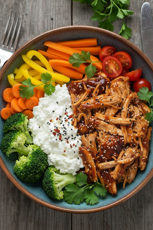 BBQ chicken cottage cheese bowl as a high protein summer meal with corn, avocado, cherry tomatoes, cucumber, and creamy cottage cheese