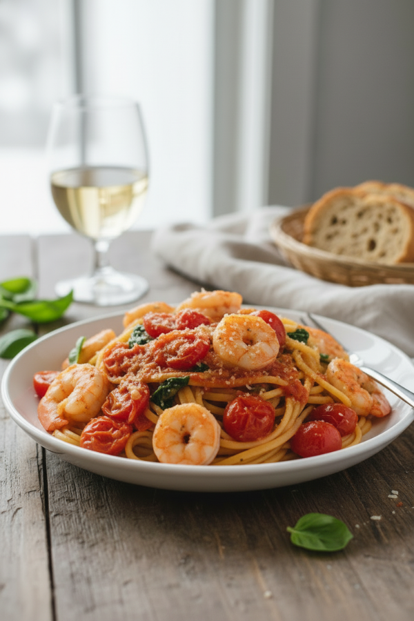 Tomato spinach shrimp pasta as a high protein anti-inflammatory dinner with shrimp, tomatoes, spinach, garlic, lemon, and herbs