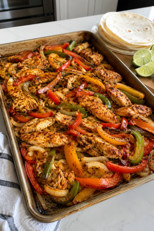 Sheet pan chicken fajitas as an easy summer high protein dinner with chicken, bell peppers, onions, lime, cilantro, and tortillas