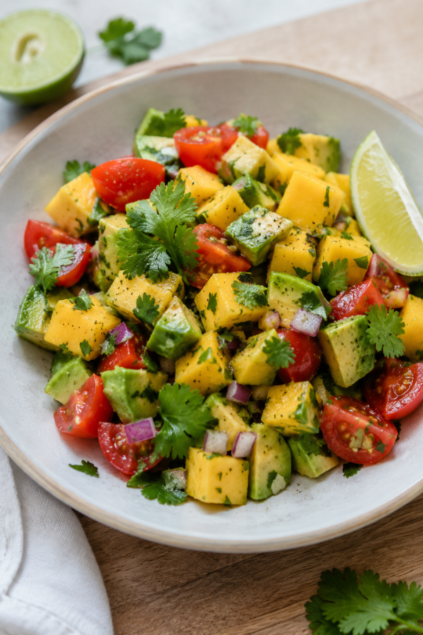 Avocado mango salad with zesty lime dressing, cilantro, fresh mango, and creamy avocado