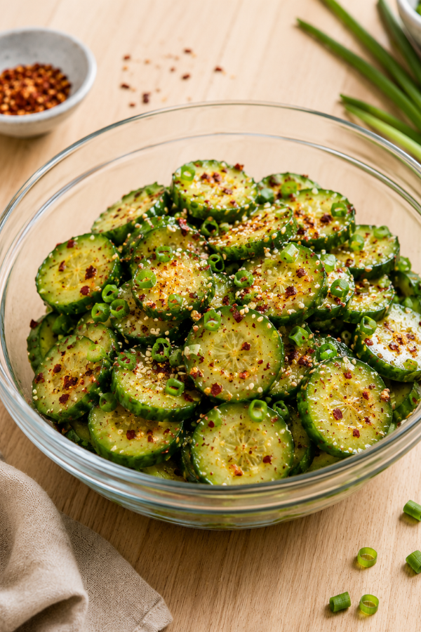 Easy Asian cucumber salad with sliced cucumbers, sesame seeds, green onion, garlic, and tangy dressing