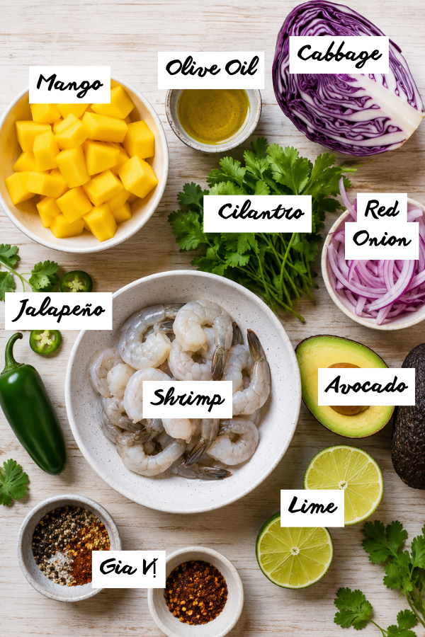 Ingredients for grilled shrimp avocado bowls including raw shrimp, mango, avocado, lime, cabbage, rice, cilantro, jalapeño, and spices.