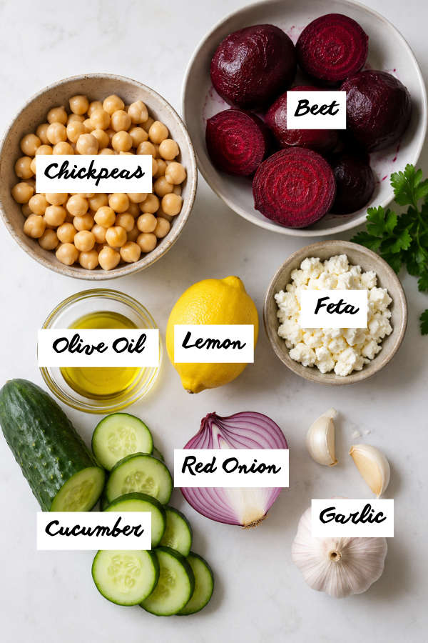 Ingredients for chickpea beet feta salad including chickpeas, cooked beets, feta cheese, cucumber, red onion, fresh herbs and lemon garlic dressing components