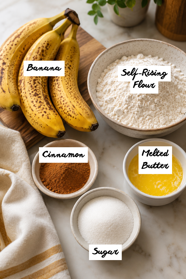 Ingredients for 2-Ingredient Banana Donut Holes with ripe banana and self-rising flour