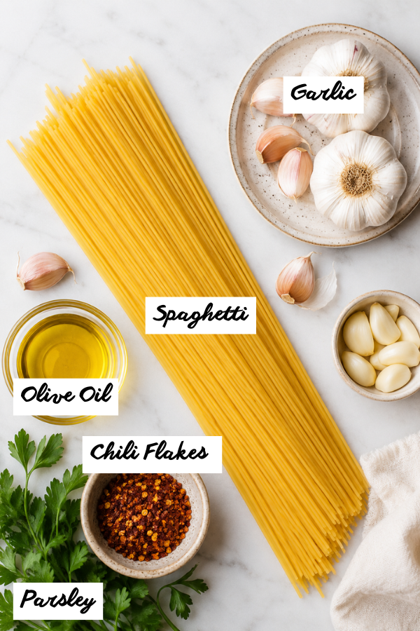 Ingredients for Spaghetti Aglio e Olio with spaghetti, garlic, olive oil, chili flakes, parsley, and Parmesan