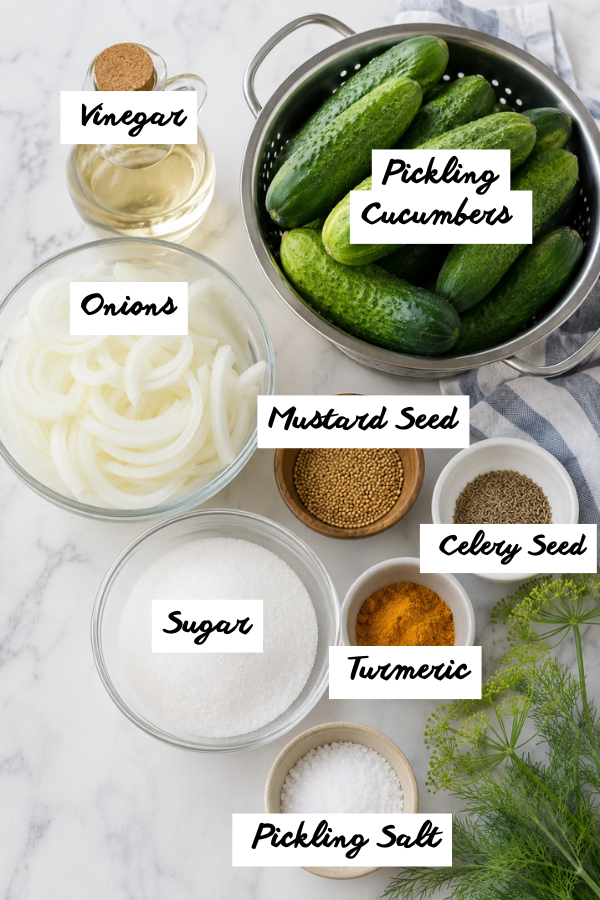 Ingredients for bread and butter pickles including pickling cucumbers, onions, vinegar, sugar, mustard seed, celery seed, turmeric, and pickling salt