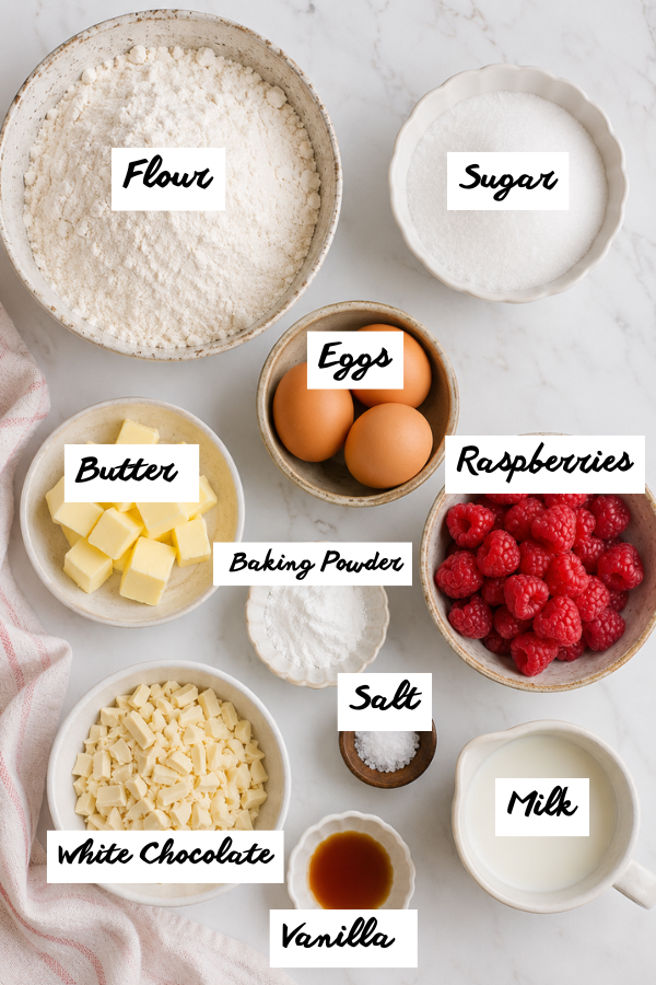 Ingredients for White Chocolate Raspberry Loaf Cake including flour, butter, sugar, eggs, vanilla extract, fresh raspberries, white chocolate chips and dairy in bowls on a kitchen counter