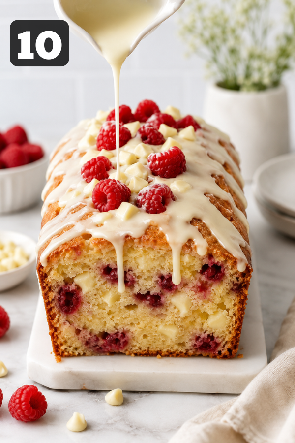 Drizzling melted white chocolate over cooled loaf cake and adding fresh raspberries on top