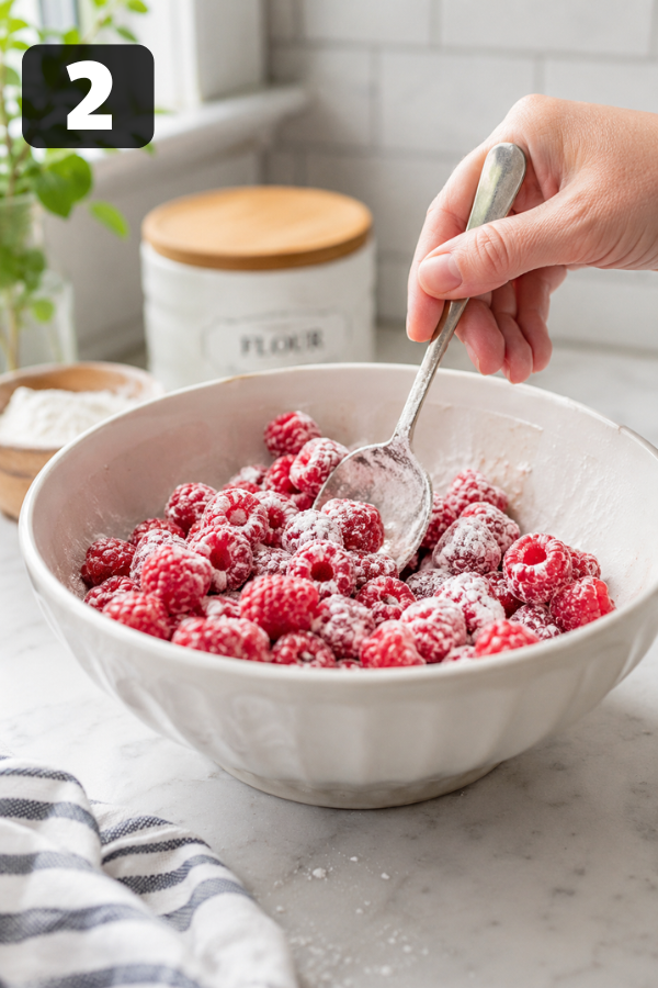 Tossing fresh raspberries with flour in a small bowl to prevent sinking in cake batter