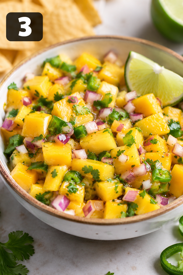 Fresh mango salsa made with diced mango, red onion, jalapeño, cilantro, lime juice, and salt in a bowl.