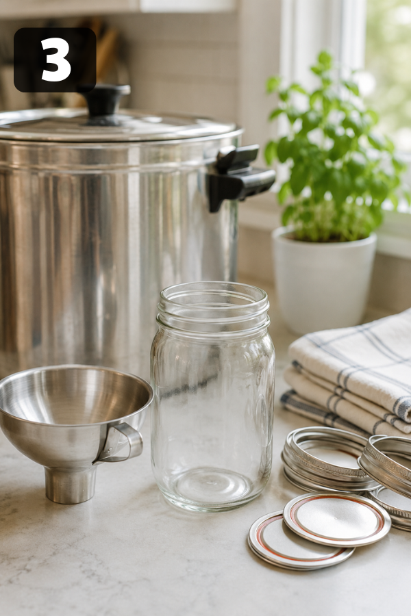 Clean canning jars, lids, rings, and water bath canning tools prepared on a kitchen counter