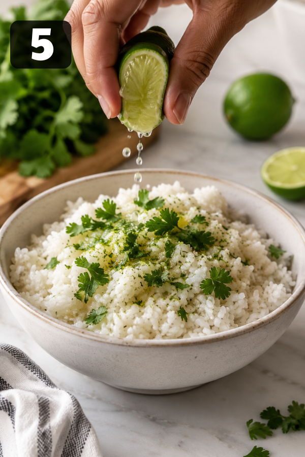 Warm rice bowl base mixed with lime juice, salt, cilantro, and olive oil for extra flavor.