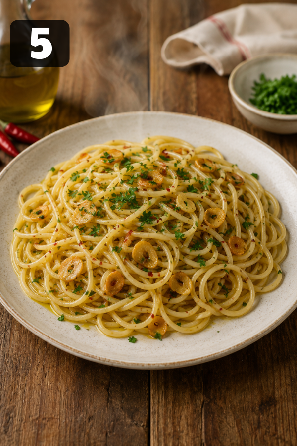 Finished garlic olive oil pasta topped with parsley, chili flakes, and grated cheese