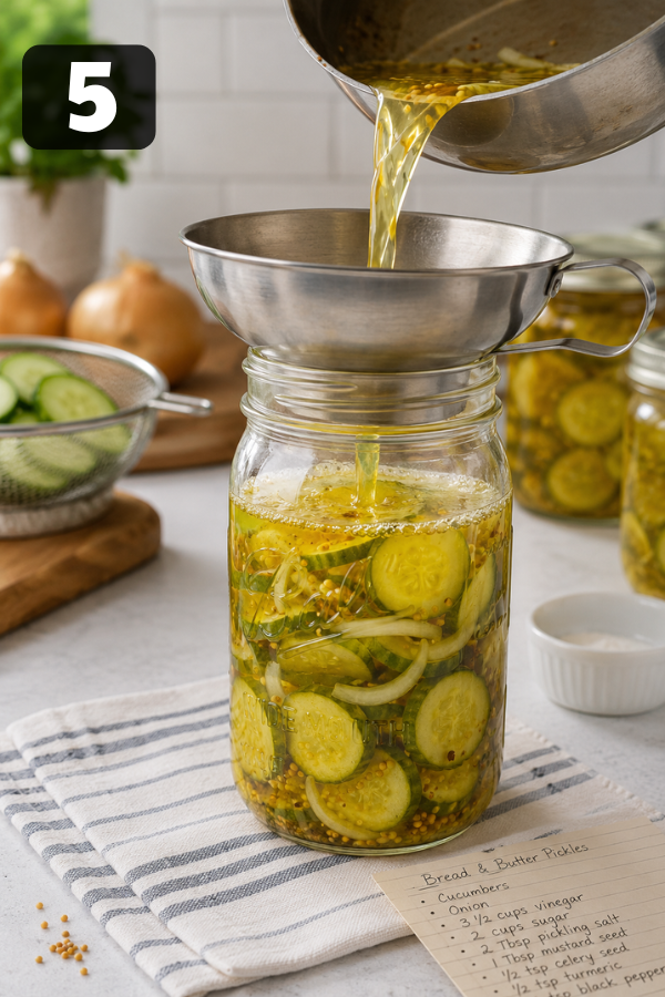 Hot cucumber and onion slices packed into glass jars with golden pickle brine and proper headspace