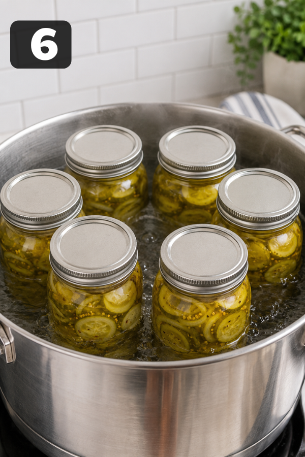 Jars of bread and butter pickles processing in a boiling water bath canner for safe storage