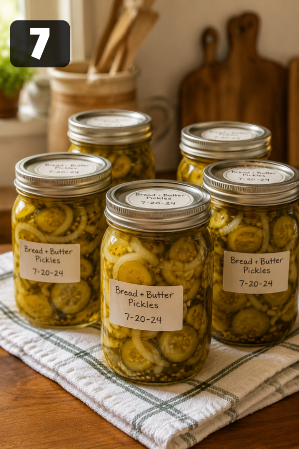 Sealed jars of homemade bread and butter pickles cooling on a towel before labeling and storing