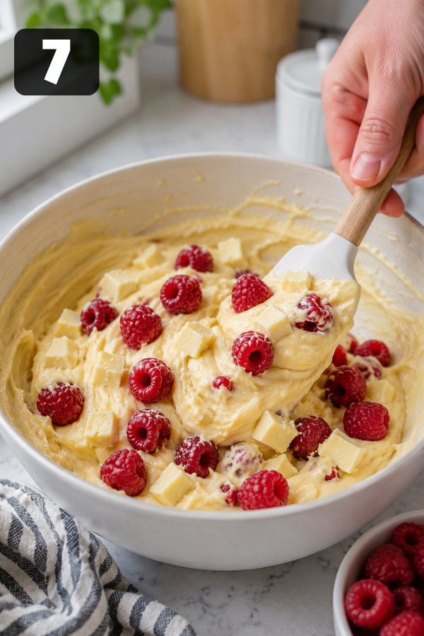 Folding raspberries and white chocolate pieces into smooth cake batter