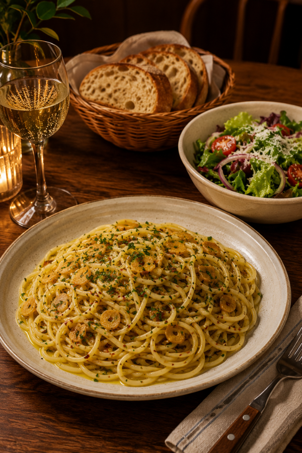 Garlic olive oil spaghetti served with green salad, toasted bread, grilled shrimp, and lemon water