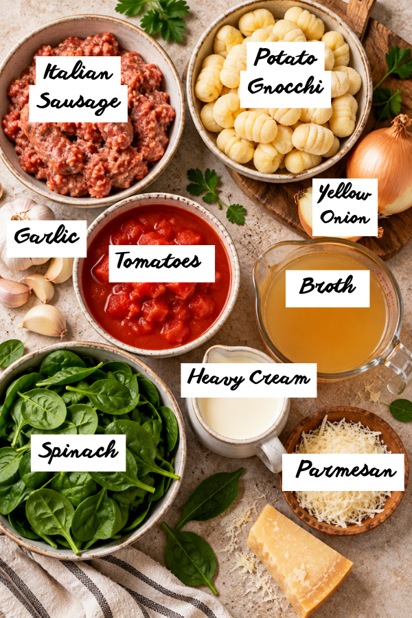 Ingredients for Creamy Italian Sausage Gnocchi Soup including sausage, gnocchi, spinach, tomatoes, cream, and Parmesan