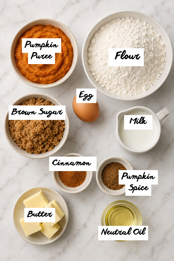 Ingredients for cinnamon sugar pumpkin donut holes including pumpkin puree, flour, brown sugar, eggs, spices, and cinnamon sugar coating.