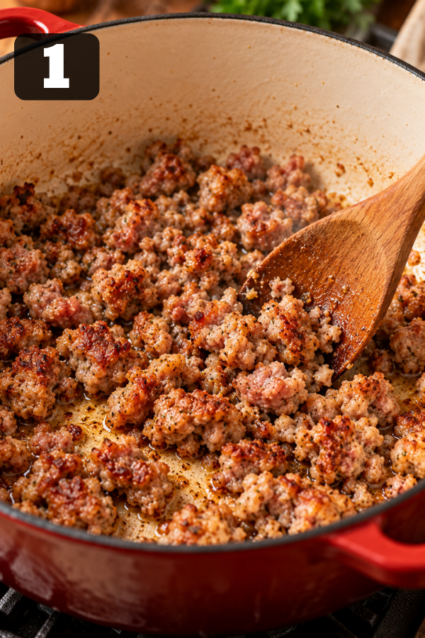 Browning Italian sausage in a Dutch oven for creamy gnocchi soup
