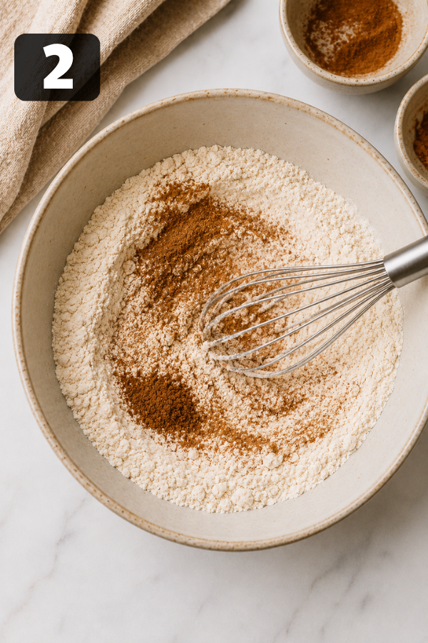 A bowl with flour, pumpkin pie spice, cinnamon, and baking powder mixed together for donut hole batter.