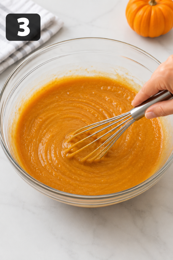 Pumpkin puree, brown sugar, egg, milk, oil, and vanilla whisked together in a bowl for pumpkin donut holes.