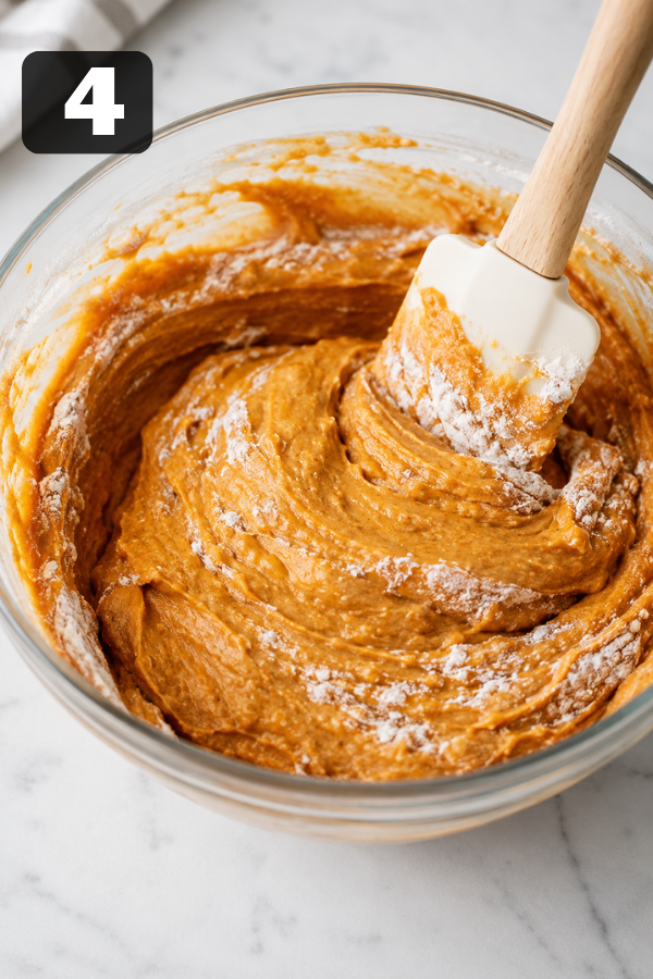 Pumpkin donut hole batter being gently mixed with dry ingredients until smooth.