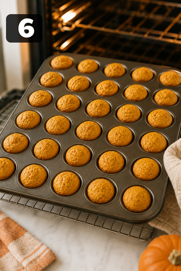 Freshly baked pumpkin donut holes coming out of the oven in a mini muffin pan.