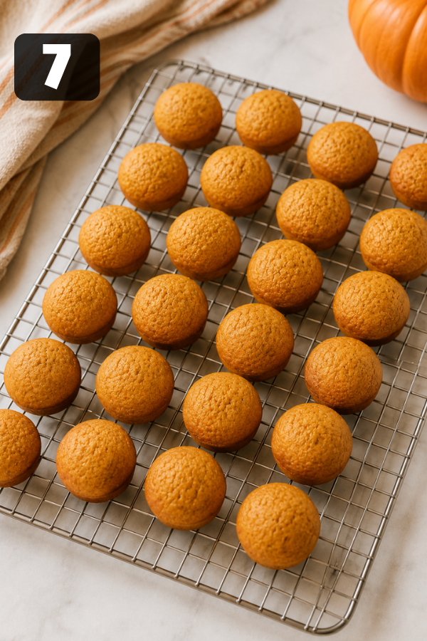 Warm baked pumpkin donut holes cooling on a wire rack before adding cinnamon sugar coating.