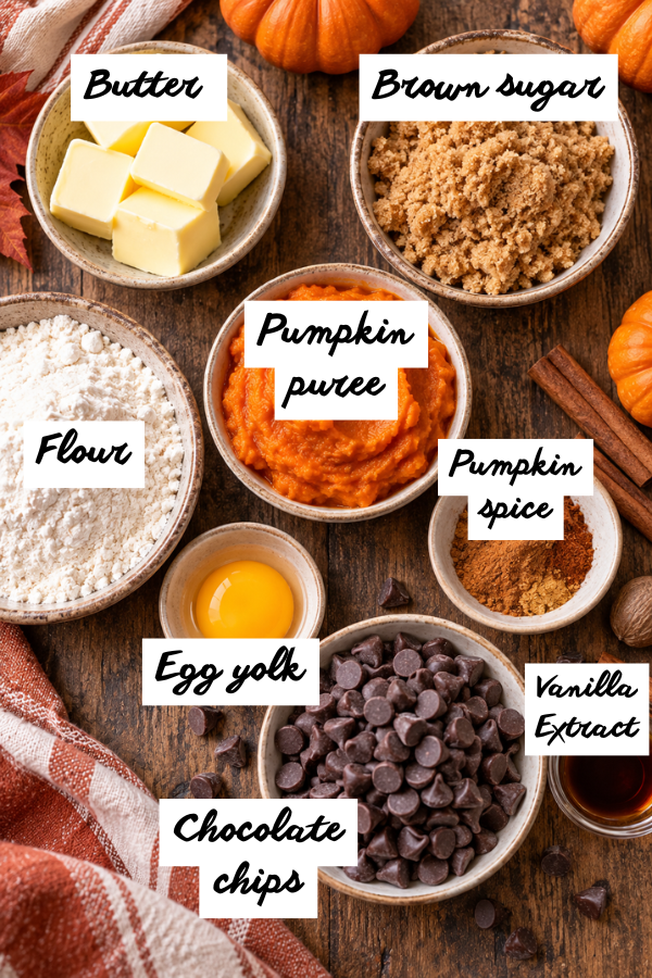 Ingredients for chewy pumpkin chocolate chip cookies