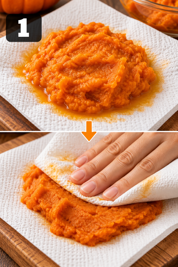 Blotting pumpkin puree for chewy pumpkin chocolate chip cookies