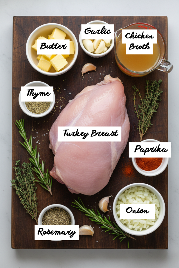 flat lay ingredients for crockpot turkey breast including butter garlic onion and herbs